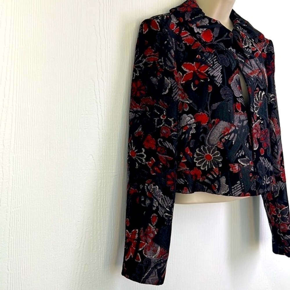 Harve Benard - Black Embroidered Ruffle Neck Open Long Sleeve Crop Jacket Size 8 - Picture 5 of 12